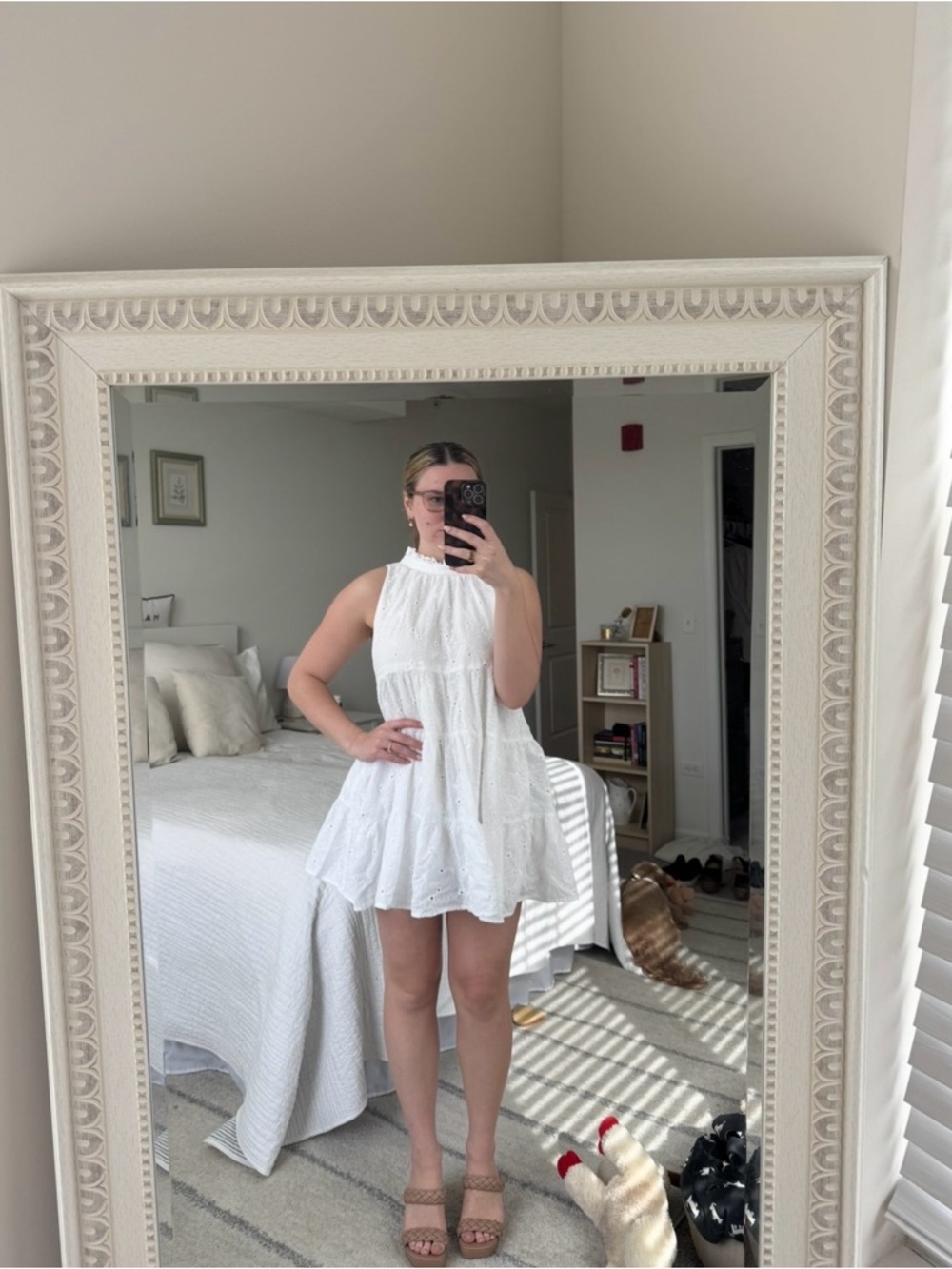 White Eyelet Halter Mini Dress - Flared Tiered Skirt
